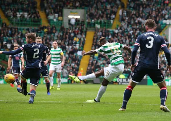 Celtic's Moussa Dembele scores his side's second goal of the game. Picture: Andrew Milligan/PA Wire