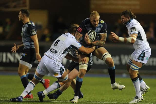 Glasgow back row Matt Fagerson tackles Cardiffs Damian Welch. Pictue: Getty