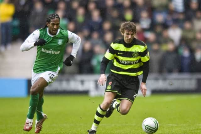 Paddy McCourt, right, sees off Steven Thicot in a Hibs-Celtic match in November 2011. Picture: Ian Georgeson