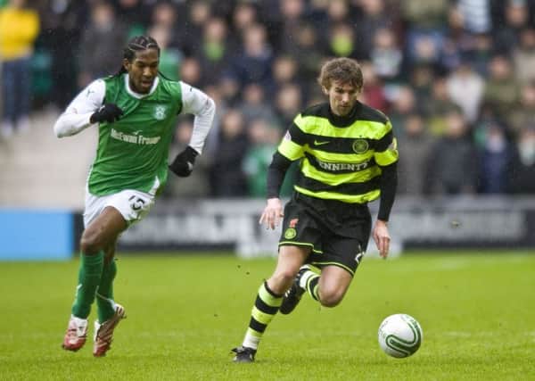 Paddy McCourt, right, sees off Steven Thicot in a Hibs-Celtic match in November 2011. Picture: Ian Georgeson