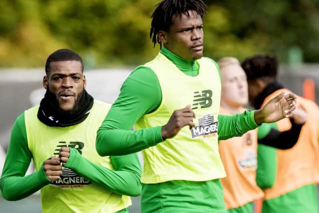 Dedryck Boyata, right, in training at Lennoxtown, will feature against Dundee in the Betfred Cup. Picture: Alan Harvey/SNS