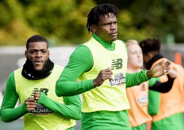 Dedryck Boyata, right, in training at Lennoxtown, will feature against Dundee in the Betfred Cup. Picture: Alan Harvey/SNS