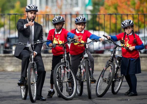 Minister of Transport and Islands Humza Yousaf MSP joins pupils of Blackfriars Primary in Glasgow as they participate in a cycle lesson with a Sustrans Scotland, who ran the design competition for five new cycle-friendly transport routes.