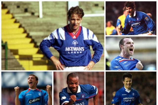 (Clockwise from main) Ally McCoist, Marco Negri, Kris Boyd, Michael Mols, Rod Wallace, Shota Arveladze. Pictures: TSPL/PA