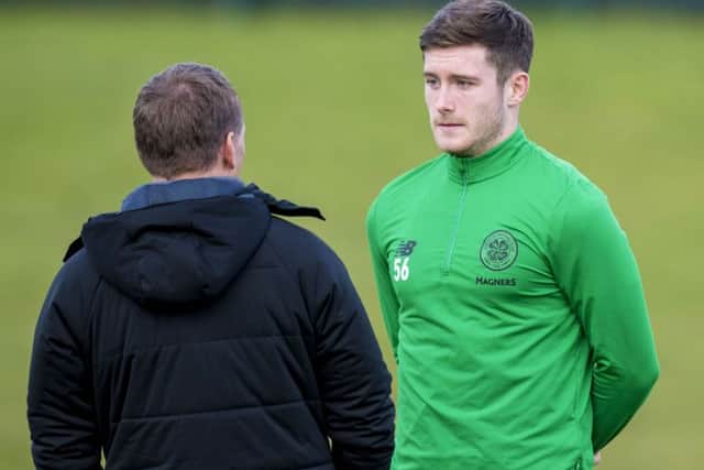 Brendan Rodgers with Anthony Ralston. The Celtic manager is in no rush to hand out a new contract to the defender. Picture: Craig Williamson/SNS