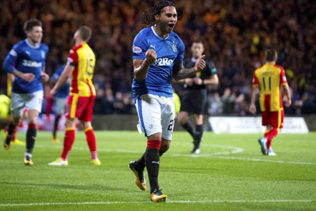 Carlos Pena celebrates scoring the opening goal of the game. Picture: SNS