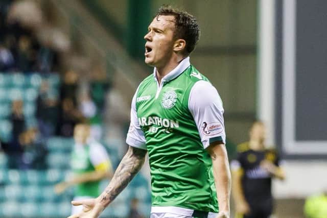 Hibernian's Danny Swanson celebrates after making it 1-1. Picture: SNS