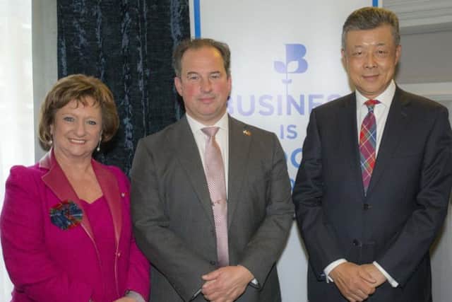 SCC chief Liz Cameron with president Tim Allan and Liu Xiaoming, China's ambassador to the UK. Picture: Peter Devlin