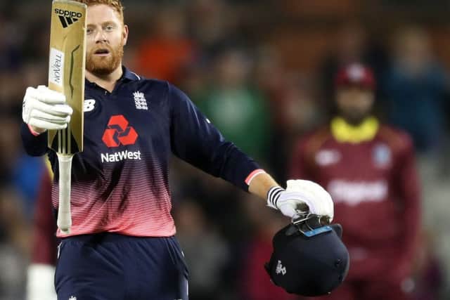 Jonny Bairstow celebrates his century against West Indies at the Emirates Old Trafford.