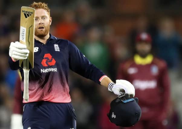 Jonny Bairstow celebrates his century against West Indies at the Emirates Old Trafford.