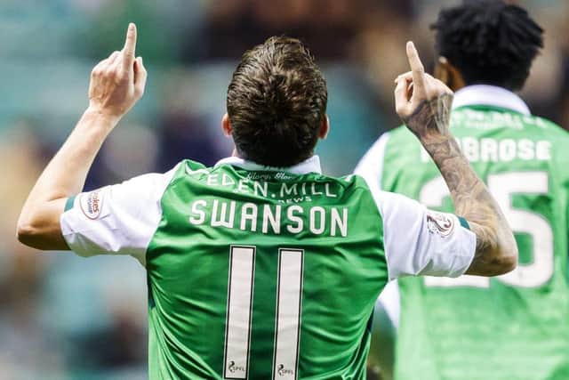 Danny Swanson celebrates after making it 1-1 for Hibernian in their 3-2 Betfred Cup win over Livingston.