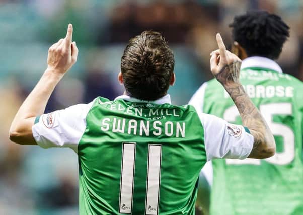 Danny Swanson celebrates after making it 1-1 for Hibernian in their 3-2 Betfred Cup win over Livingston.