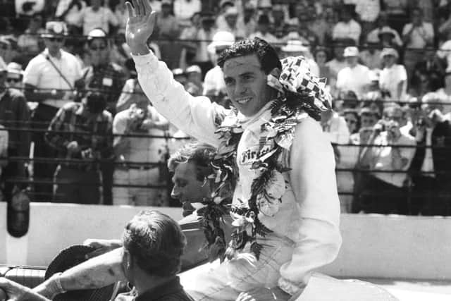 Jim Clark celebrates winning the Indianapolis 500 in 1965. He remains the only man to win the Indy 500 and the Formula One world championship in the same season. Picture: Harry Benson/Express/Getty Images