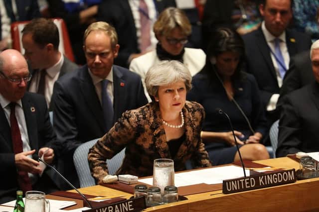 Theresa May at the United Nations. (Photo by Spencer Platt/Getty Images)