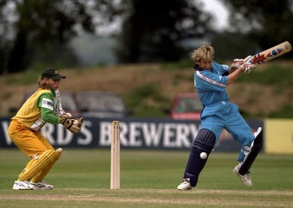 Jan Brittin bats during a one-day match against Australia at the County Ground in Derby in 1998. Picture: Craig Prentis/Allsport