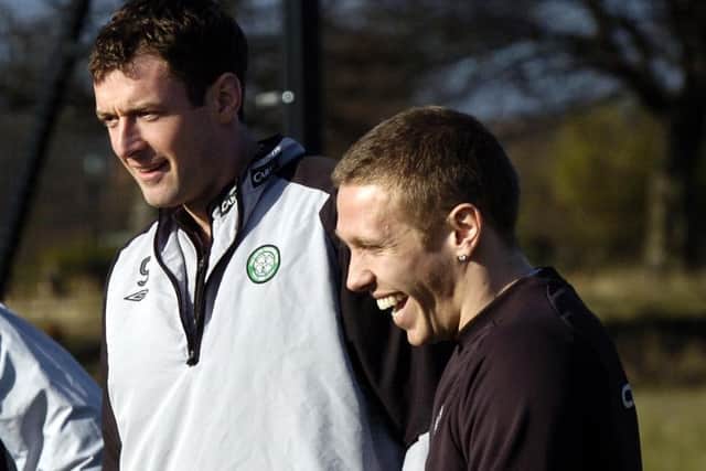 Sutton and Bellamy during a Celtic training session. Picture: Robert Perry