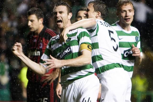 Stephen McManus celebrates his goal against AC Milan.
Photograph: SNS