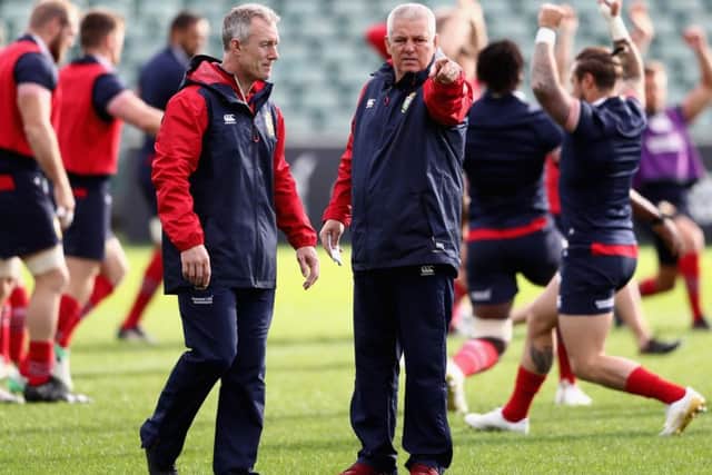 British & Irish Lions head coach Warren Gatland, right, with attack coach Rob Howley during a training session in Auckland. Picture: David Rogers/Getty