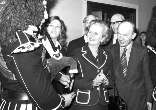 Teddy Taylor escorts Conservative Party leader Margaret Thatcher on a visit to Leith during a general election campaign tour in May 1979. Also in the picture is Mrs Thatcher's daughter Carol and husband Denis.