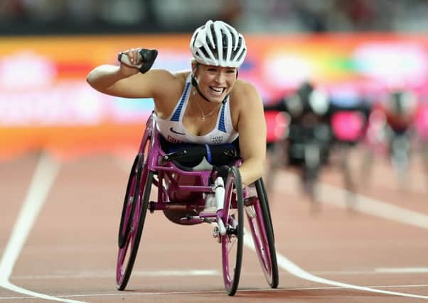 Samantha Kinghorn celebrates winning the Women's 200m T53 Final and setting a new world record at the IPC World ParaAthletics Championships in London.  Picture: Lynne Cameron/Getty Images for Ottobock