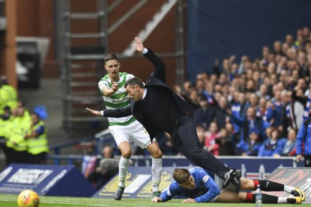 Rangers manager Pedro Caixinha is taken out by Josh Windass. Picture: SNS/Craig Williamson