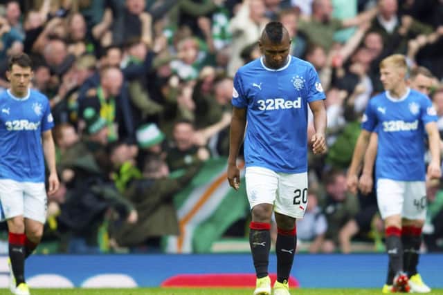 Rangers' Alfredo Morelos is left dejected after conceding the first goal. Picture: SNS/Rob Casey
