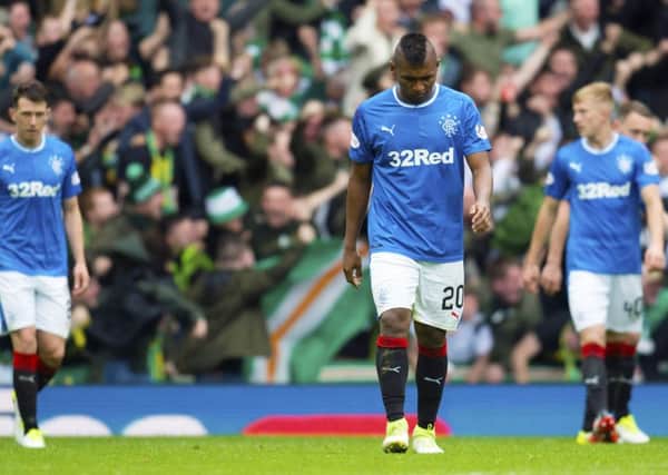 Rangers' Alfredo Morelos is left dejected after conceding the first goal. Picture: SNS/Rob Casey