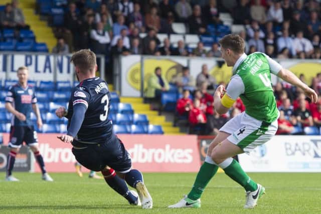 Hibernian's Paul Hanlon fires the away side ahead. Picture: SNS/Alan Harvey