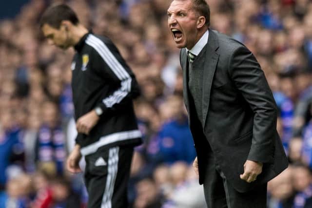 Brendan Rodgers screams instructions to his team from the sidelines at Ibrox. Photograph: Craig Williamson/SNS