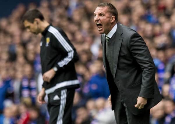 Brendan Rodgers screams instructions to his team from the sidelines at Ibrox. Photograph: Craig Williamson/SNS
