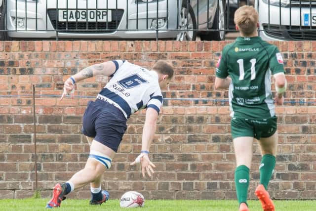 Michael Maltman scores for Heriots after just three minutes to spark the 12-try rout of Hawick.  Photograph: Ian Georgeson