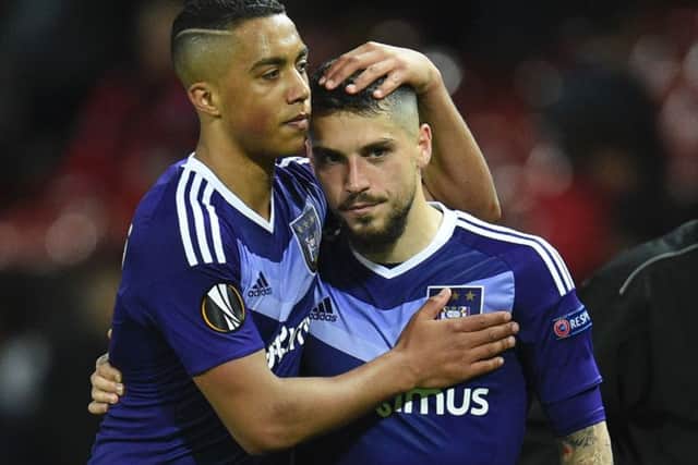 Anderlecht's Romanian midfielder Nicolae Stanciu, right, scored one and set up the other in the win over Waasland-Bevern. Picture: Oli Scarff/AFP/Getty Images