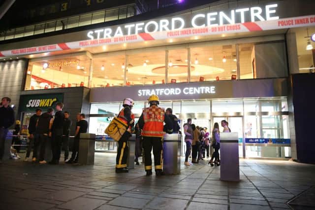 Emergency services at Stratford Centre in east London, following a suspected noxious substance attack. Picture: PA