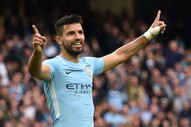 Manchester City striker Sergio Aguero is now only one goal away from equalling the clubs all-time scoring record. Picture: AFP/Getty.