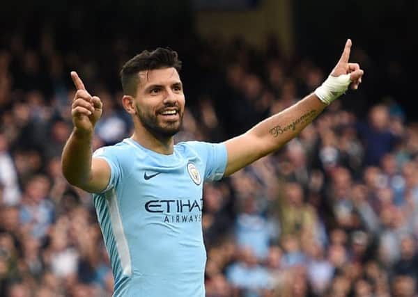Manchester City striker Sergio Aguero is now only one goal away from equalling the clubs all-time scoring record. Picture: AFP/Getty.