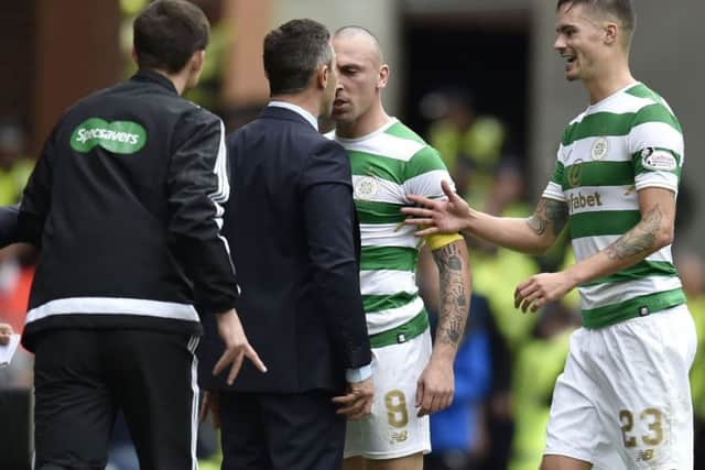 Scott Brown goes head-to-head with Pedro Caixinha at half-time. Picture: SNS.