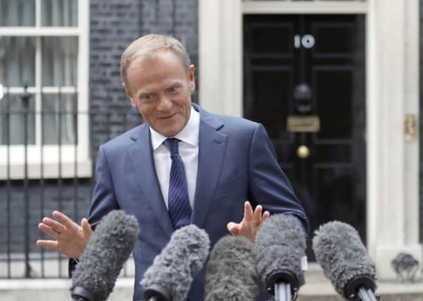 European Council President Donald Tusk delivers a statement at 10 Downing Street after meeting British Prime Minister Theresa May. Picture: AP Photo/Frank Augstein