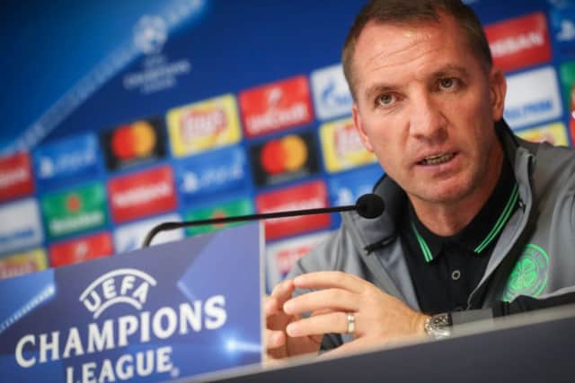 Brendan Rodgers addresses the media during a press conference in Brussels ahead of the Anderlecht clash. Picture: AFP/Getty Images