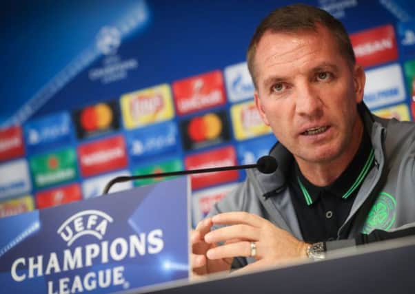 Brendan Rodgers addresses the media during a press conference in Brussels ahead of the Anderlecht clash. Picture: AFP/Getty Images