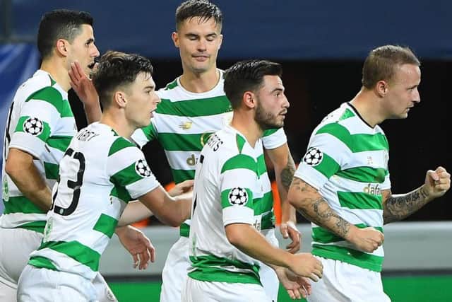 Celtic team-mates celebrate after Leigh Griffiths opened the scoring. Picture: AFP/Getty