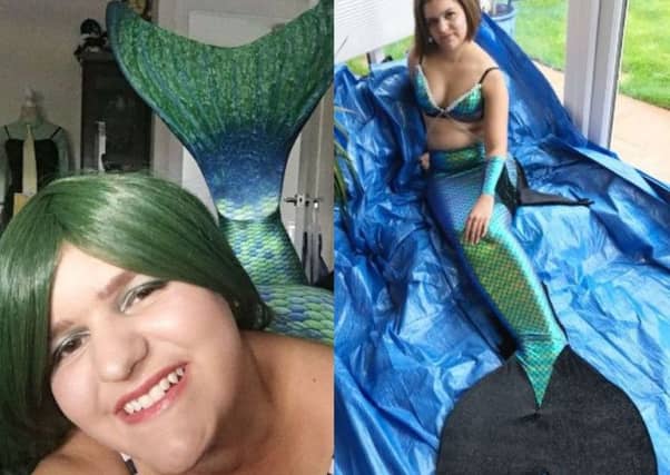 Shop assistant Leia, 18, wears a specially made £150 mermaid 'tail'. Picture: Handouts