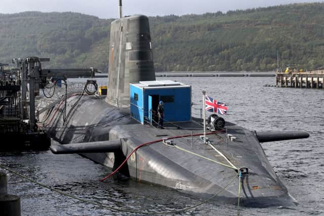 The Vanguard-class nuclear deterrent submarine HMS Vengeance at Faslane. Picture: PA