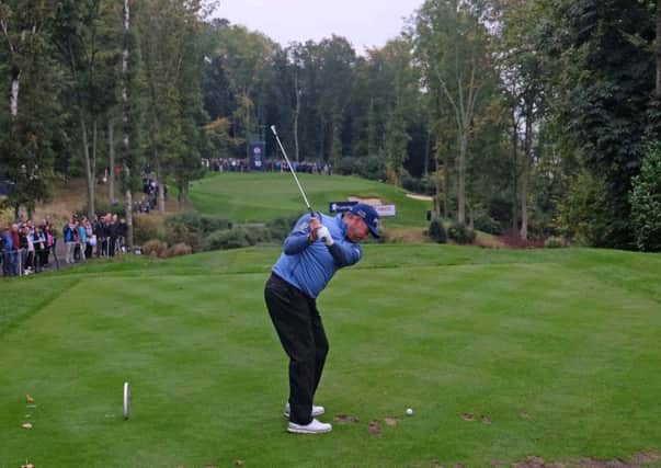 Tournament host Lee Westwood tees off at the tenth hole at Close House en route to carding a 65. Picture: Owen Humphreys/PA