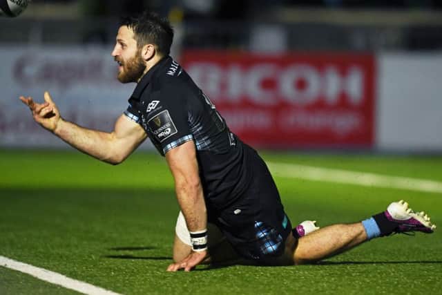 Tommy Seymour celebrates his try for Glasgow Warriors. Picture: Bill Murray/SNS