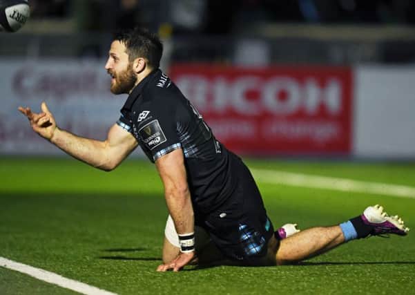 Tommy Seymour celebrates his try for Glasgow Warriors. Picture: Bill Murray/SNS