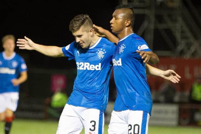 Declan John (left) celebrates with Alfredo Morelos after scoring the equaliser against Hamilton. Picture: PA