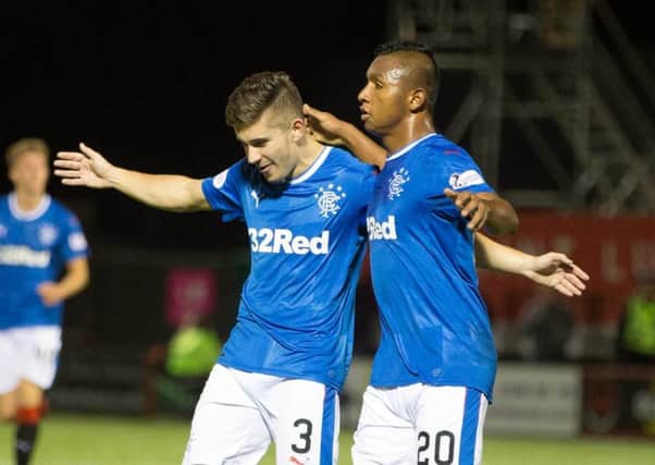 Declan John (left) celebrates with Alfredo Morelos after scoring the equaliser against Hamilton. Picture: PA