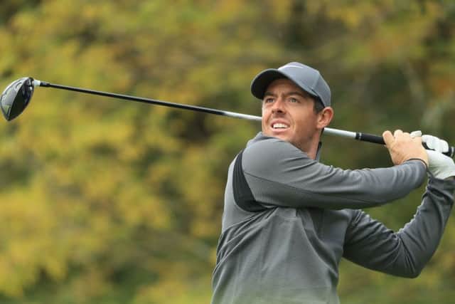 Rory McIlroy tees off on the 4th hole during day three of the British Masters at Close House. Picture: Getty Images