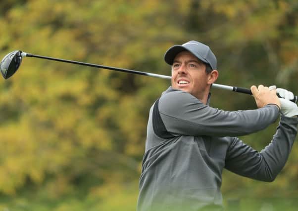 Rory McIlroy tees off on the 4th hole during day three of the British Masters at Close House. Picture: Getty Images