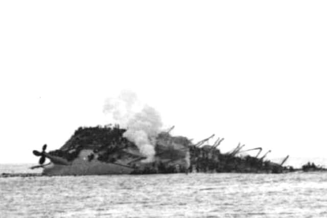 The Lancastria after being hit by German bombers off the coast of France in 1940. Picture: PA